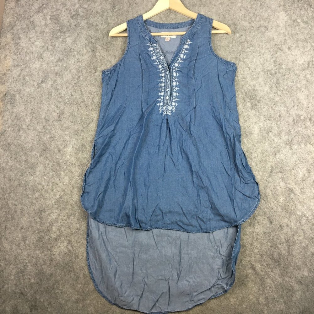 Knox Rose Tunic Top S Chambray High Low Embroidered Blue Split Sides Casual